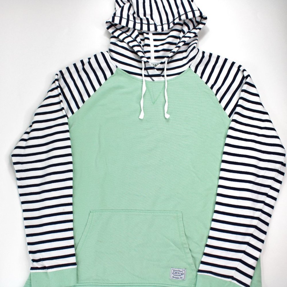 Orvis Women's Colorblock Pullover Hoodie Sweatshirt Sz Large Mint Green Striped